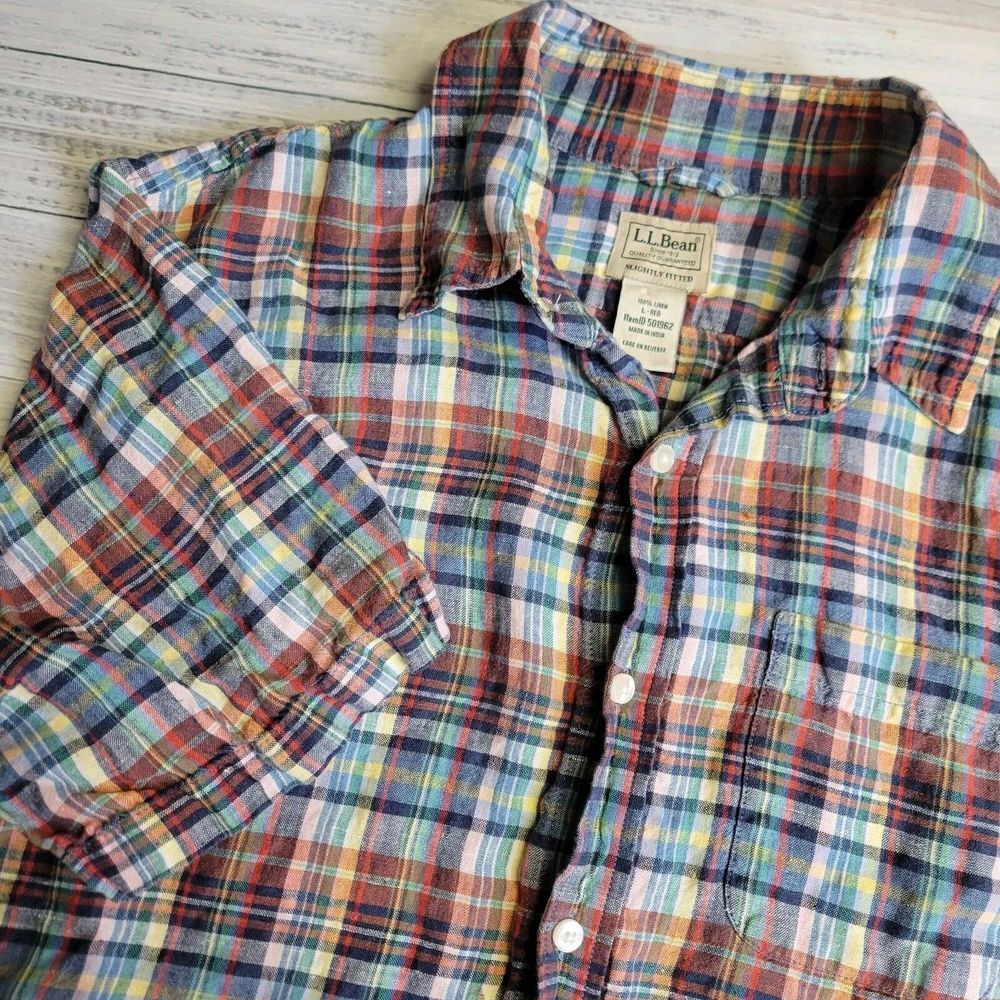 LL Bean Shirt Mens Large Reg Multicolor‎ Plaid Linen Short Sleeve Button Up
